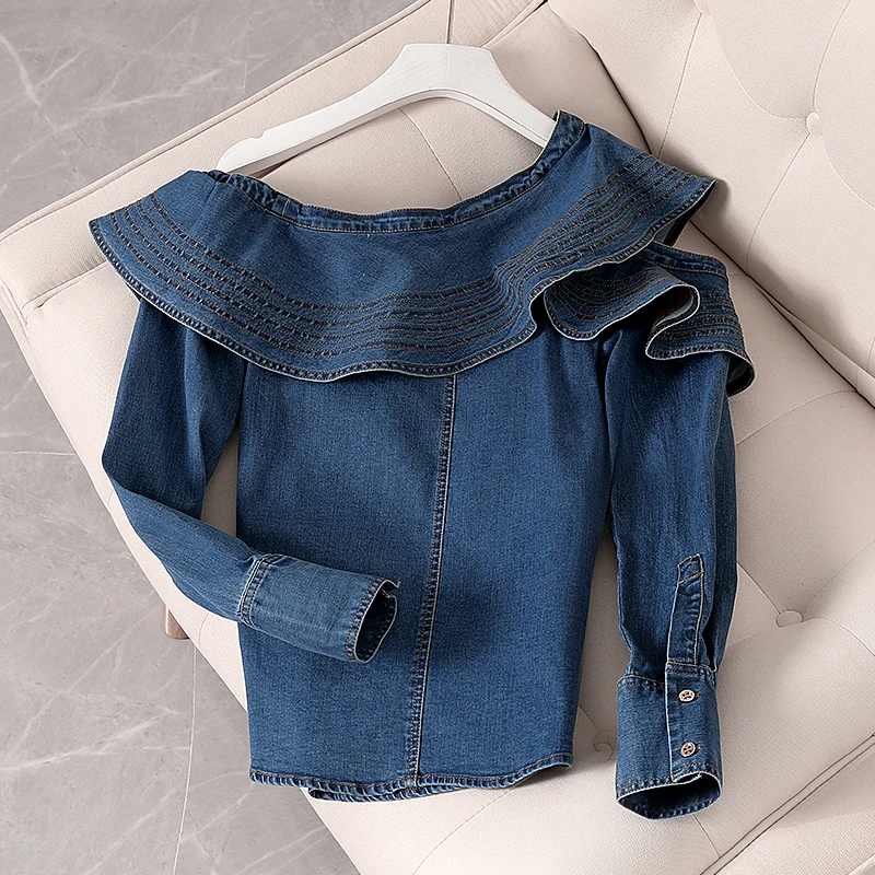 

Retro Port Style Denim Shirt Female Autumn 2020 New Long Sleeve Lotus Leaf Edge Shoulderless Design Jean Blouse Lady Sexy Tops