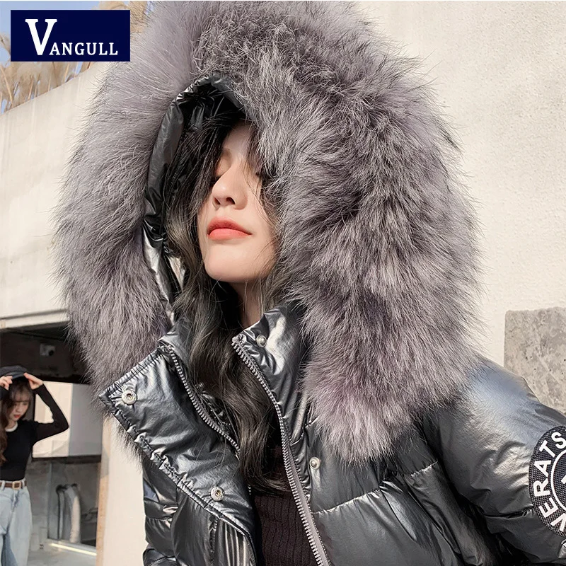 Vangull женская зимняя куртка больших размеров, шикарная Большая Меховая теплая хлопковая стеганая куртка, Женская парка, поступление, блестящая женская куртка с капюшоном