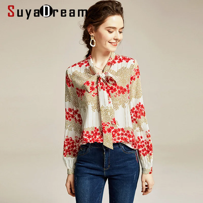 Блузка SuyaDream женская с принтом 100% шелк креп длинные рукава воротник-бант офисная