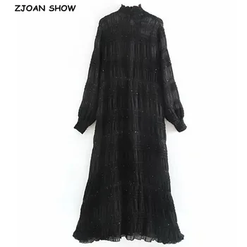 

2020 Black Ruched Pleated Wood ears Ruffles Collar Shirt Dress Chiffon Woman Spliced Sequins Long sleeve Maxi Long Shirt Dresses