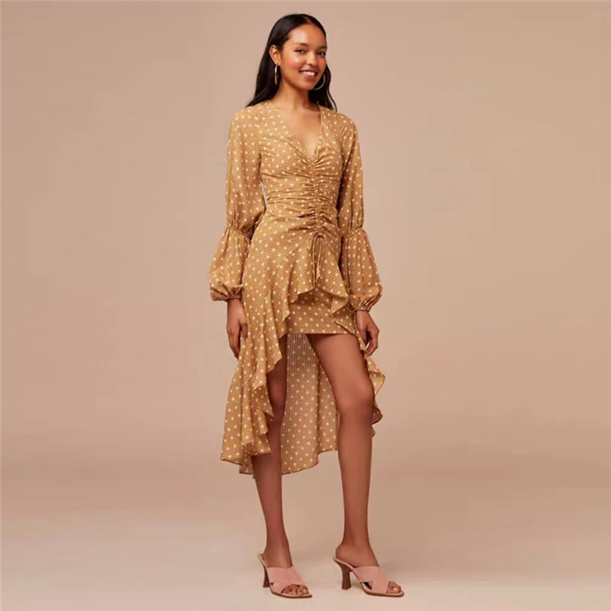 

Vintage Polka Dot Print Irregular Women Midi Dress Autumn 2019 V Neck Wrinkle Tassel Cascading Ruffle Dresses Chic Casual Dress