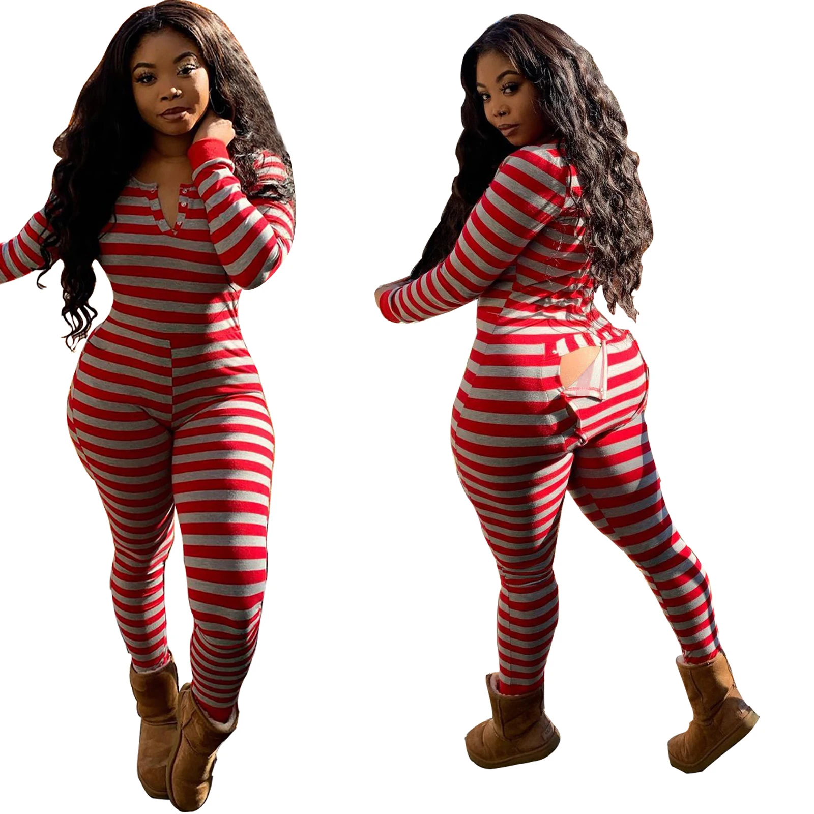 Sexy Women Ladies Deep V Neck Overalls Butt Flap Pajamas Sleepwear Long Sleeve Bodycon Bodysuit Jumpsuit Rompers Clubwear