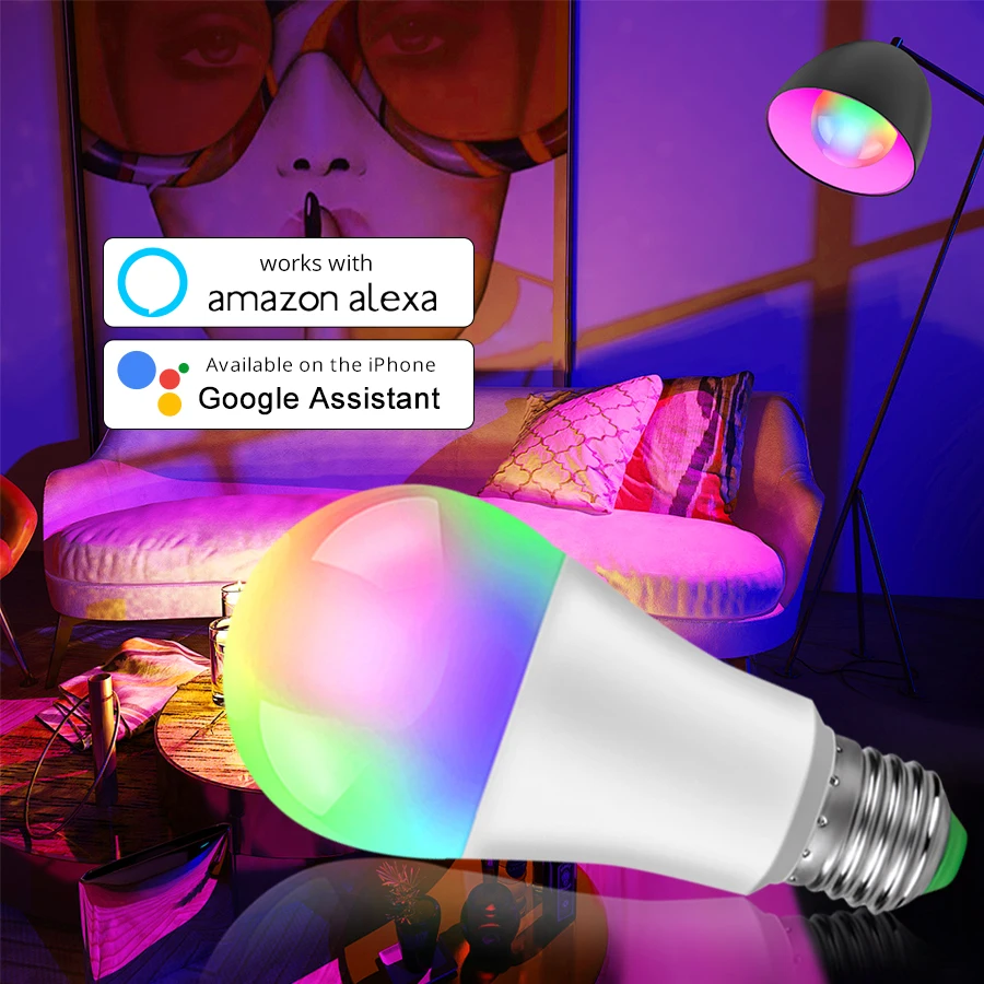 Wifi-патрон, умный свет лампы умная красочная Светодиодная лампа RGBW E27 E14 B22 15 Вт приложение синхронизации дистанционное управление работает с Alexa Google Home