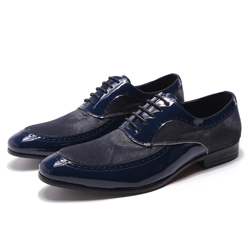 FELIX CHU/Коллекция года; стильные мужские туфли-оксфорды из лакированной кожи с конским волосом; Цвет черный, синий; Мужские модельные туфли с острым носком на шнуровке - Цвет: Blue
