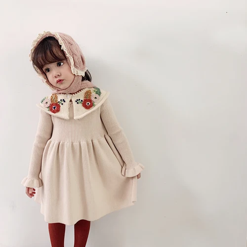 Модные платья-свитера с длинными рукавами для девочек; осень г.; Новое Детское однотонное Хлопковое трикотажное платье принцессы; детская одежда - Цвет: cream
