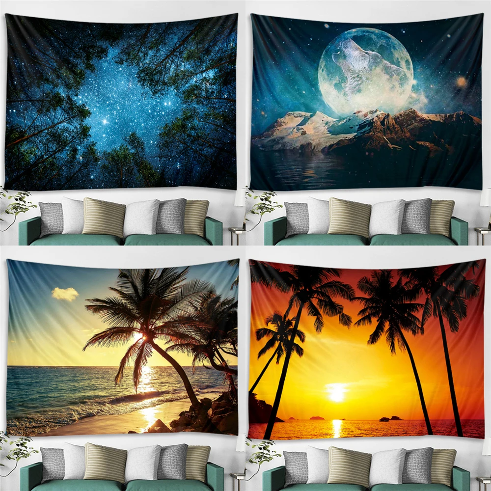 Спокойный пейзаж гобелен звездное небо тропический пляж лес Небесный Настенный декор Ткань Гобелен в стиле бохо горячее пляжное полотенце