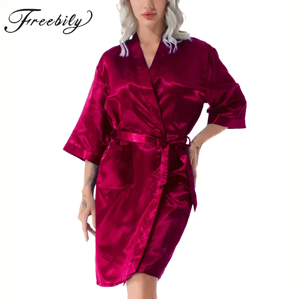 Women Silk Satin Short Night Robe Solid Kimono Robe Fashion Bath Robe Sexy Bathrobe Nightgown with Waist Belt