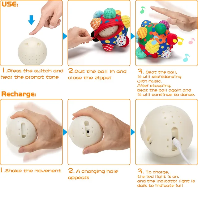 teytoy Developmental Bumpy Ball, USB Charged Bouncing Crawl Ball Toy Baby Sensory Toys Music Shake Dancing Balls Multicolor Ball 3