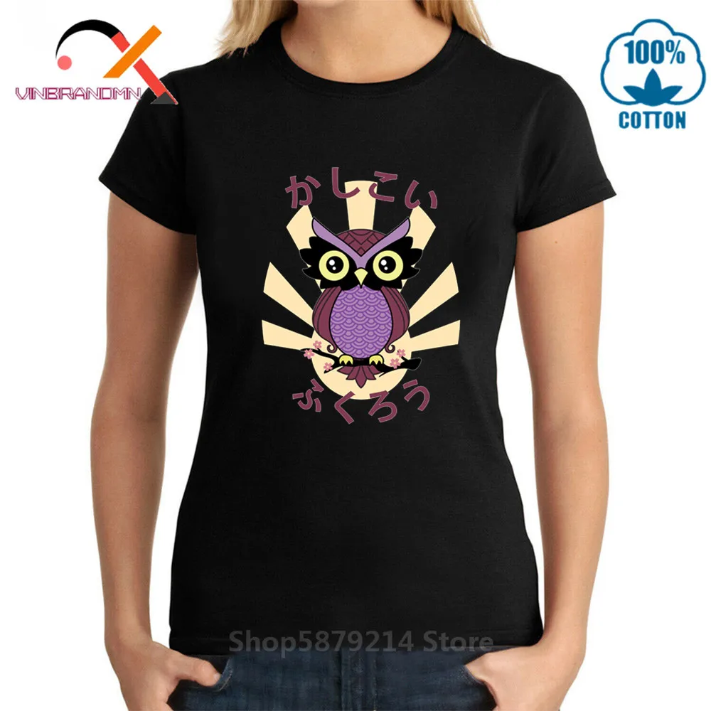 Funky Tops Casual Tshirt Japanese Kanji Wise Owl Print Tee Shirt Summer Women O Neck Short Sleeve T-Shirt Plus Size XS-XL | Женская