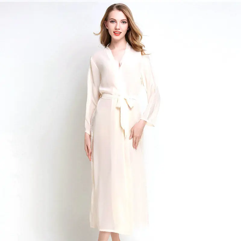 Women Satin Silk Sleeping Robe Lace Chiffon Sexy Bathrobes Female Sexy V-Neck Long Style Kimono Factory Outlet 6226