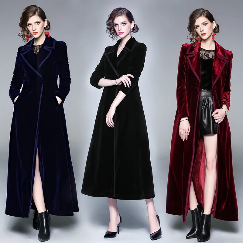 Женская бархатная темно-синяя черная винно-красная Длинная ветровка, Женское пальто, женское манто
