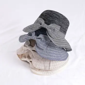 

Women Ladies Summer Stitching Bowknot Beach Hat Sun Protection Wavy Brim Solid Color Bucket Cap