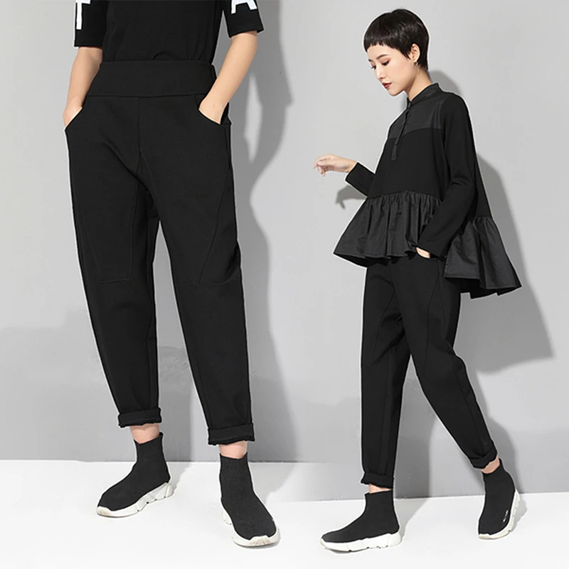 Ceny Czarny vintage wysokiej talii elastyczne spodnie harem kobiet kieszeni patchworkowe ubrania luźne spodnie typu casual moda wiosna jesień 2020