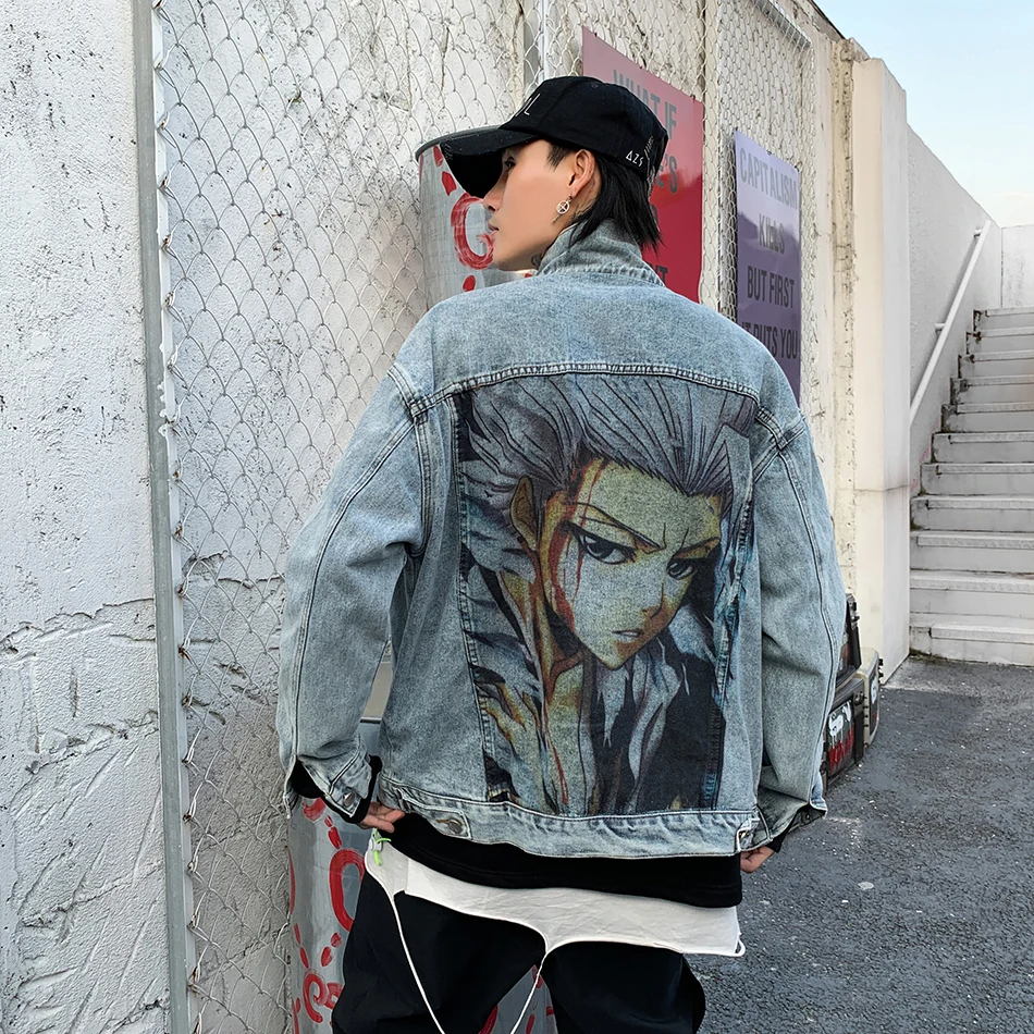 

Original Cartoon Anime Pattern Mens Denim Jacket Washed Vintage Hip Hop Jeans Jacket Harajuku Streetwear Oversize Bomber Jackets