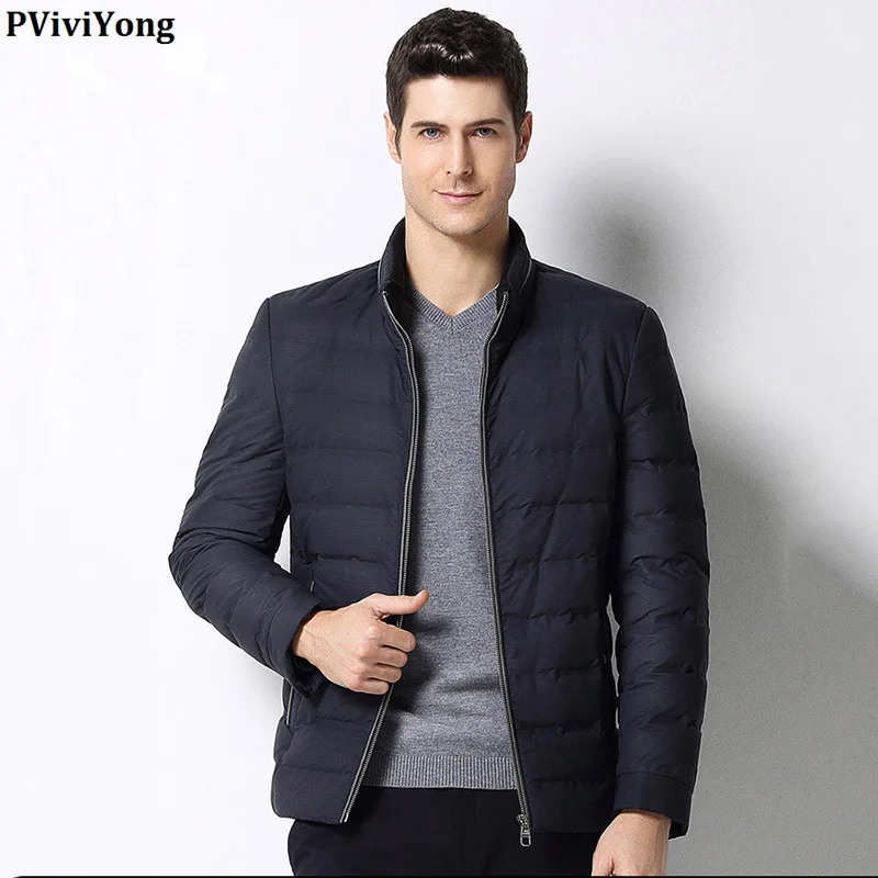 PViviYong,, зимняя высококачественная мужская куртка-пуховик на белом утином пуху, воротник-стойка, короткая парка на молнии, пальто для мужчин, 1690 - Цвет: Тёмно-синий