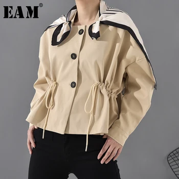 

[EAM] Loose Fit Khaki Drawstring Striped Big Size Jacket New Lapel Long Sleeve Women Coat Fashion Tide Spring 2020 FU51504