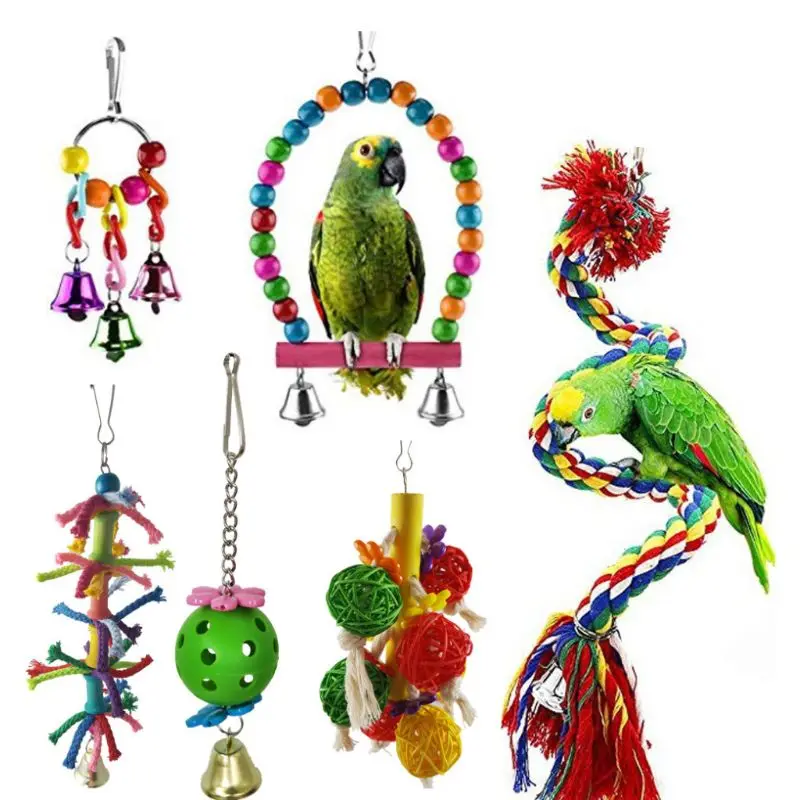 

6 Pcs/set Pet Birds Swing Toys Parrots Chewing Hanging Perches Bells Small Parakeets Parrot Cage Bite Climbing Rope Toy