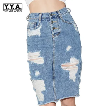 

2020 Korean Style Slim Waisted Denim Jeans Skirt Women Mini Skirt Big Ripped Blue color Hole Bodycorn Casual Skirts