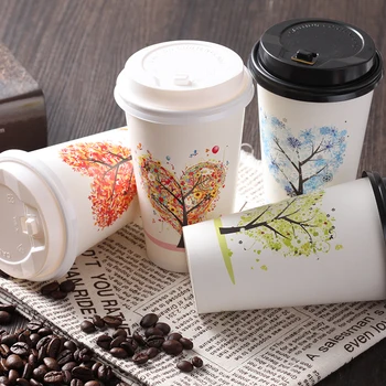 

50pcs High Quality Disposable Four Seasons Tree Paper Cup Thickened Cartoon Love Tree Milk Tea Coffee Juice Drink Cup with Lid