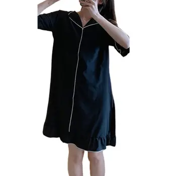 

Retro Style Mid-long Sleeve Nightdress Lapel Lotus Cuff Nightshirt Solid Color Nightgown Loose Sleep Dress for Women