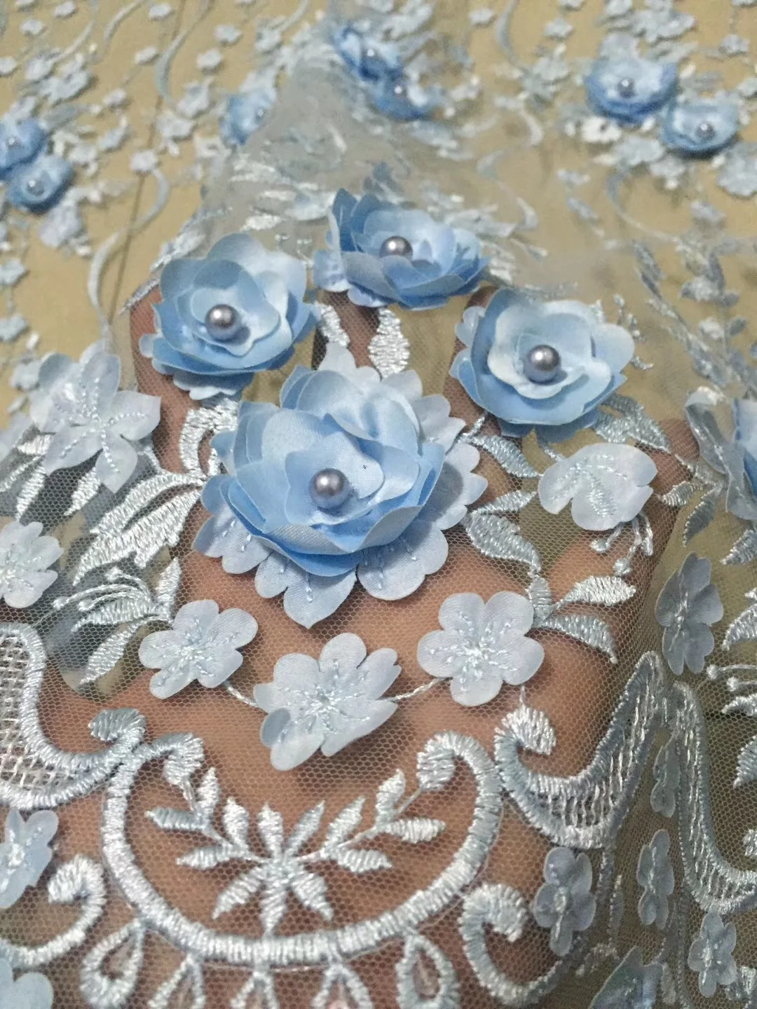 Hottest selling african tulle lace fabric high quality beaded lace fabric 3D Embroiery tulle mesh lace for bridal lace CD18212