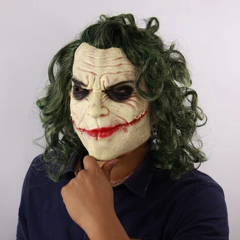 

Horror Joker Mask Movie Batman The Dark Knight Cosplay Scary Clown Mask With Green Hair Wig Halloween Latex Mask Party Costume