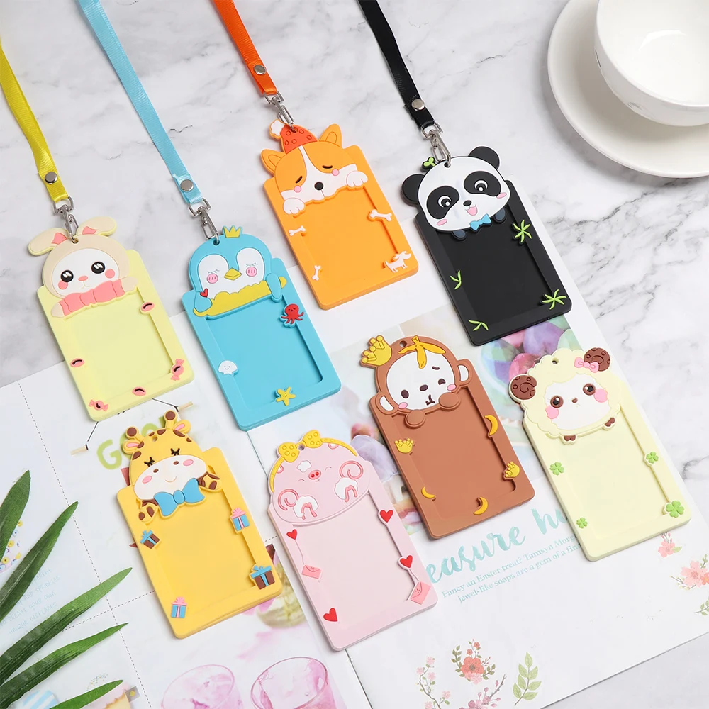 Sujetadora de tarjetas de identificación de silicona con animales, funda protectora para tarjetas de visita con cuerda, útiles escolares para estudiantes, 1 unidad