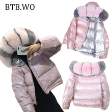 Зимние теплые толстые пальто для женщин Светоотражающие яркие цвета мех с капюшоном хлопковые парки Женская куртка повседневная теплая верхняя одежда на молнии