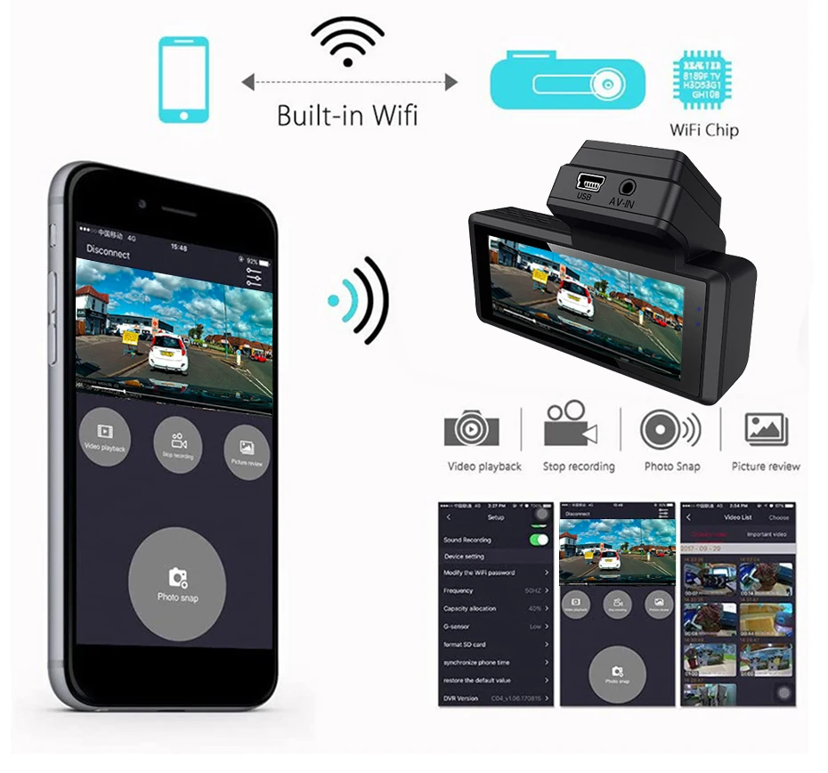 Câmera Smart Car DVR Dash, WiFi e
