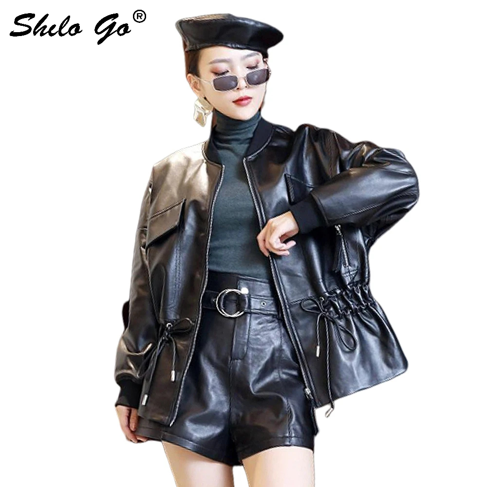 

Genuine Leather Jacket Highstreet O-Neck Drop Shoulder Drawstring Waist Ruffles Hem Sheepskin A Line Coat Women Autumn Outwear