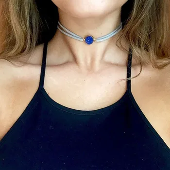 Crystal Coated Gold Necklace Bohemian Collar Necklace Druzy In Light Gray Suede