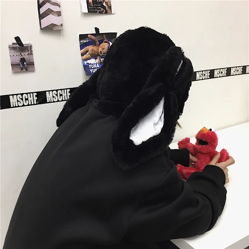 Зимняя женская Милая толстовка с капюшоном в Корейском стиле с забавными заячьими ушками в стиле Харадзюку, бархатная свободная толстовка с длинными рукавами, милая повседневная черная Милая Толстовка