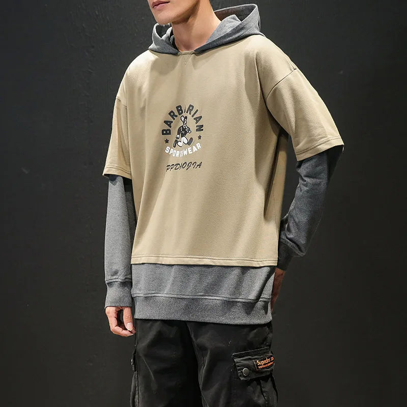 

Spring Hoodies Men Fashion Patchwork Sweatshirt Men 2 In1 Hooded Tee Shirt Men Korean Clothes Plus Size M-5XL Kpop Mens Hoodies