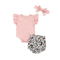 Ensemble de vêtements pour bébés filles 0 24M, 3 pièces, volants, manches volantes, solide, barboteuse, nœud, bandeau, short léopard 