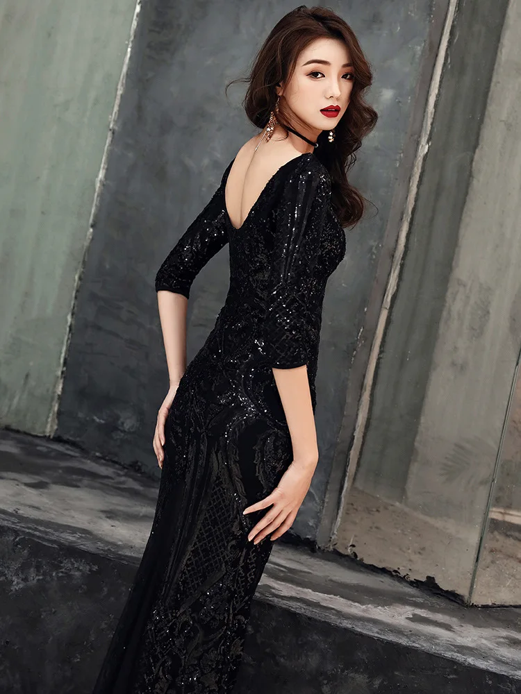 Элегантное черное платье для матери невесты с двойным Vneck русалка тонкие женские платья для свадьбы