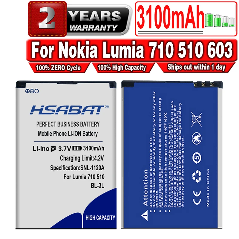 Аккумулятор HSABAT BP-3L 3100 мАч для Nokia Lumia 710 510 603 610C 900 303 610 3030 505 | Мобильные телефоны и