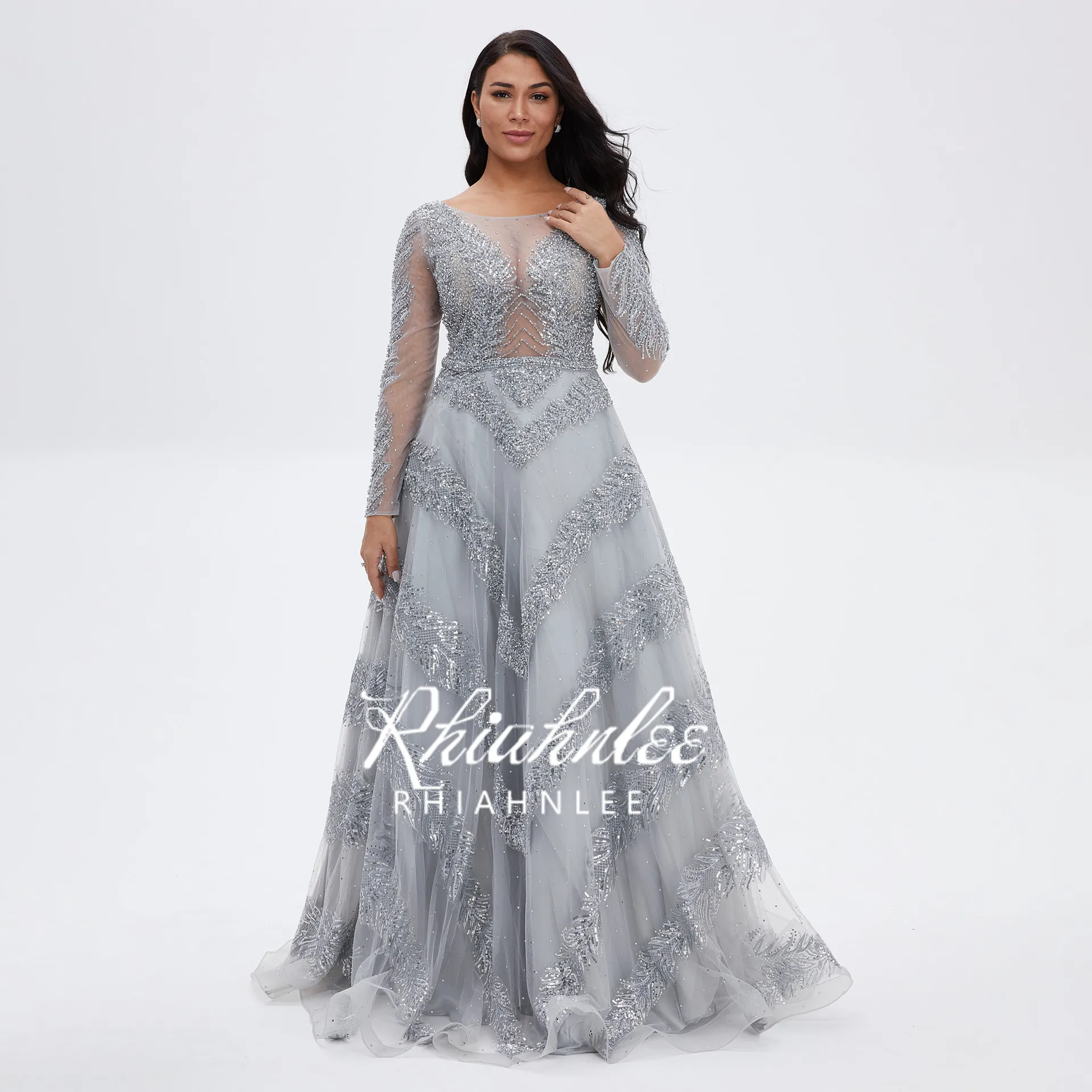 ball gown for women Dubai Grey Long Sleeves Crystal Beaded Sequin Evening Dresses A-Line Floor Length Formal Gowns red evening dress