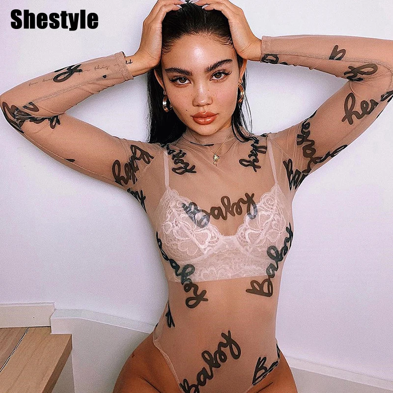 Shestyle Baby Printed Bodysuits Women Mesh See Though Sexy Mock Neck Long Sleeve Transparent Slim Fashion Body Suit Dropshipping Shestyle Baby Printed Bodysuits Women Mesh See Though Sexy Mock Neck Long Sleeve Transparent Slim Fashion Body Suit Dropshipping