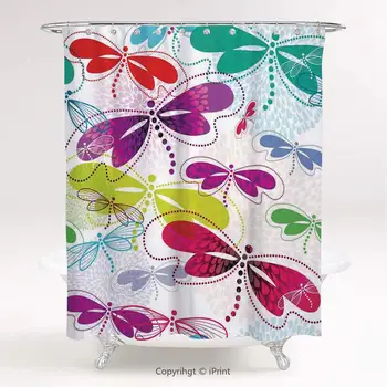 

AM23958 Multicolor Shower Curtain/Dragonfly,Modern Dragonfly and Floral Pattern Hydrangea Petals Like Fireworks Colorful