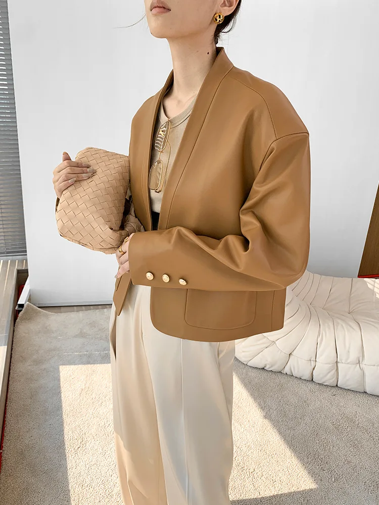 Brown Leather Coats Women V Neck Single Button Blazer Jackets 2021 Autumn Winter Elegant Smooth Leather Slim Short Jackets