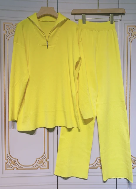 Free Shipping Casual Autumn Loose Knit Sweater Set Fashion Zip Lapel Long Sleeve Pullover Sweater & Straight Pants Two-piece Set Yellow