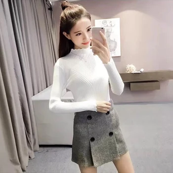

Autumn Winter New Slim Solid Color Women Sweaters Korean Style Turtleneck Long-sleeved Knit Pullovers