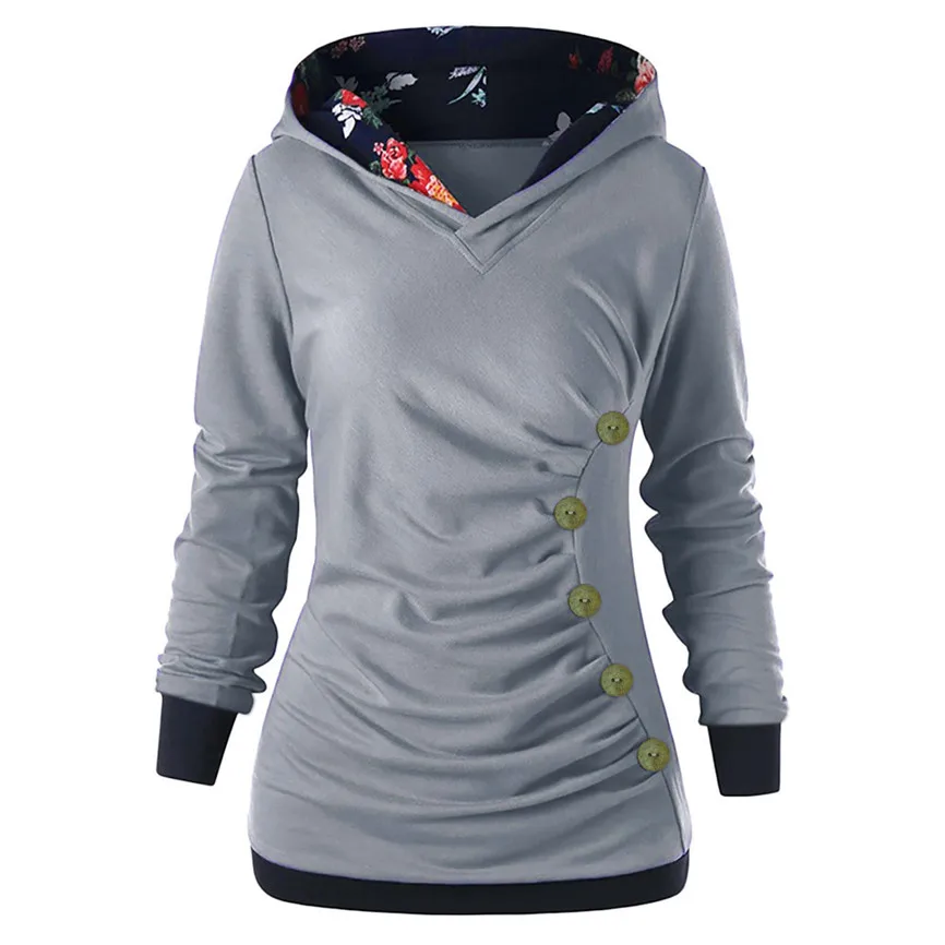 Hoodies Women Sweatshirt Button Floral Patchwork Long Sleeve Hooded Autumn Spring Pullovers Sudadera Mujer Moletom | Женская одежда