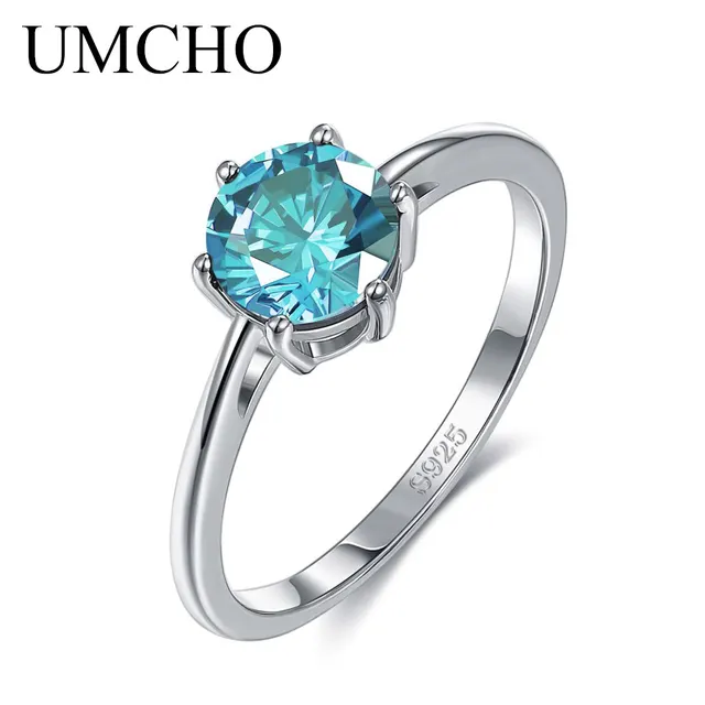 UMCHO Elegant Real 925 Sterling Silver Wedding Rings Zircon Ring for Women Charms Luxury Festival Party Fine Jewelry Female Cyan-blue