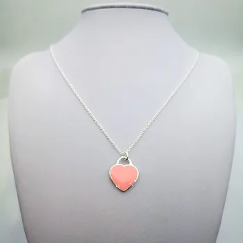 

Silver plated necklace brand ladies classic pink enamel heart necklace jewelry, holiday gifts