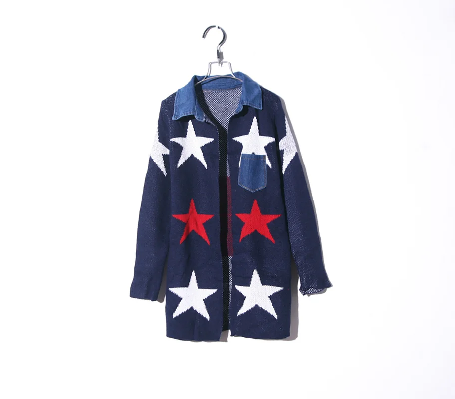 HanOrange Autumn Women Loose Knit Stars Long V-Neck Cardigan Sweater Coat |