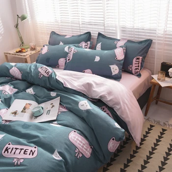 

Cartoon Blue pink kitten Ins Bedding Sets Duvet Cover Pillowcase Flat Bed Sheet bed linen King Queen Double Full 4pcs,Single