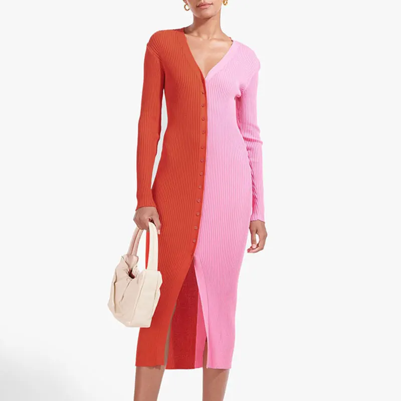 

Sexy Women's Patchwork mid Dress Vintage Splitted Autumn Long Sleeve Bodycon Club Party Streetwear Button ribbed vestidos