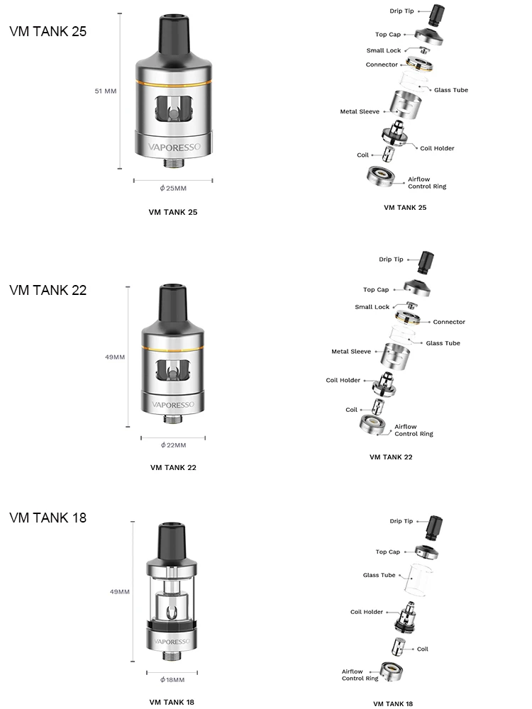 New Original Vaporesso VM 18 22 25 Tank For Vape Atomizer Tea Fiber Composite With EUC Meshed Coil Target Mini 2 VM Solo Stick 6