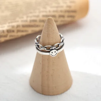 

Sterling Silver East Gate retro smiling face geometric double layer ring personality trendsetter index finger ring 5372